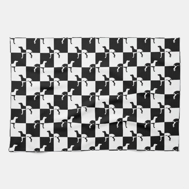 Black and White Chequerboard Weimaraner Tea Towel (Horizontal)