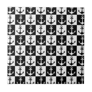 Black and White Chequered Anchor Ceramic Tile
