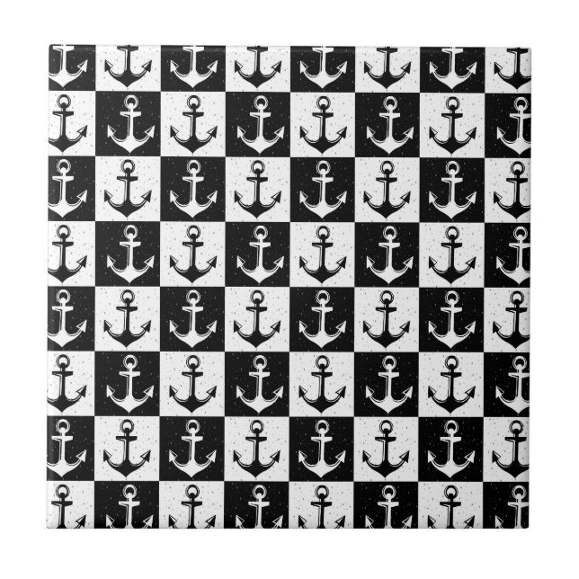 Black and White Chequered Anchor Ceramic Tile (Front)