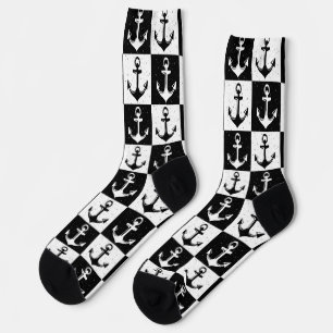 Black and White Chequered Anchor Socks