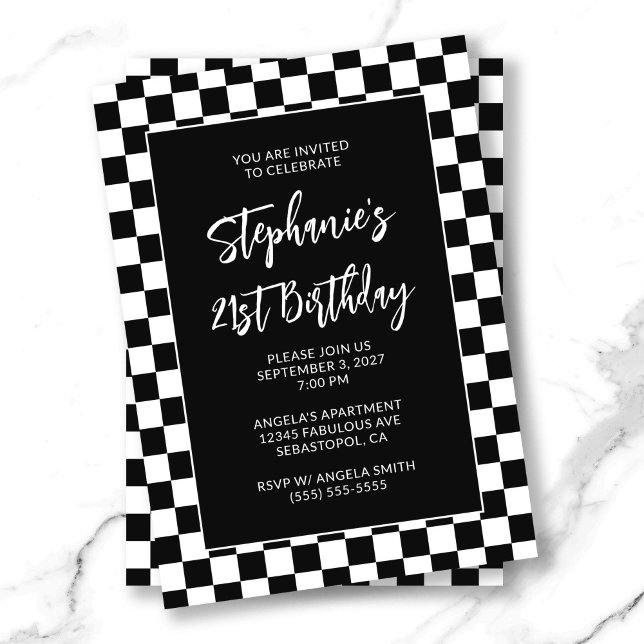 Black and White Chequered Bold 21st Birthday Invitation (Black and White Checkered Bold 21st Birthday Invitation)