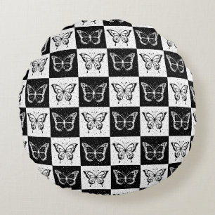 Black and White Chequered Butterfly Design Round Cushion