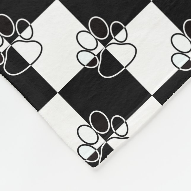 Black and White Chequered Dog Paw Fleece Blanket (Corner)