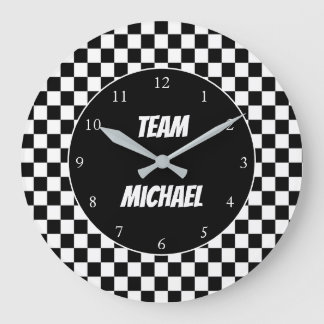 Black and White Chequered Flag Racing Personalised Large Clock