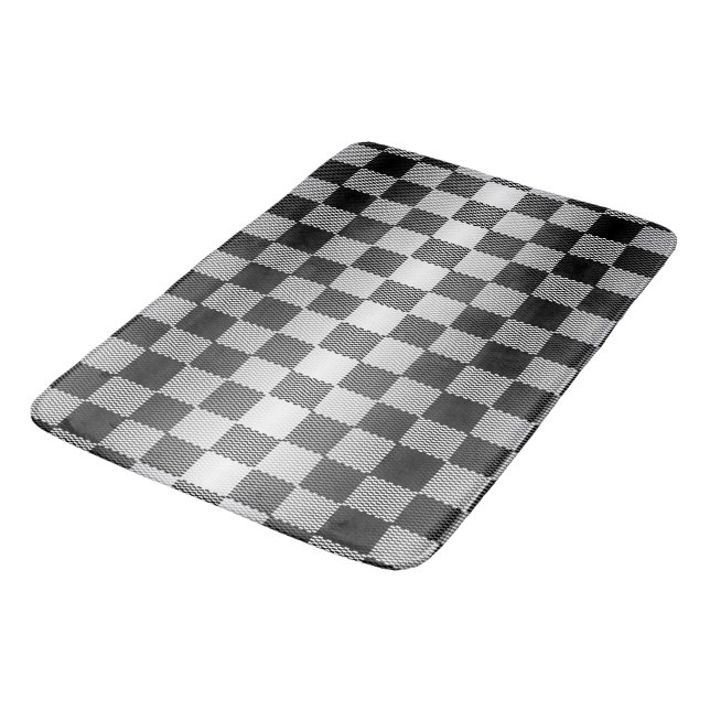 Black and White Chequered Geometric Bath Mat (Angled)