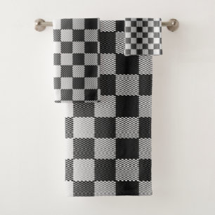 Black and White Chequered Geometric Bath Towel Set
