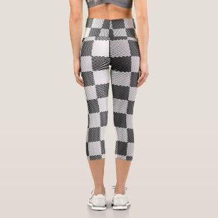 Black and White Chequered Geometric Capri Leggings