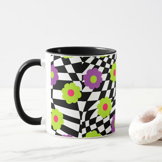 Black and White Chequered Mug With Flowers (With Donut)