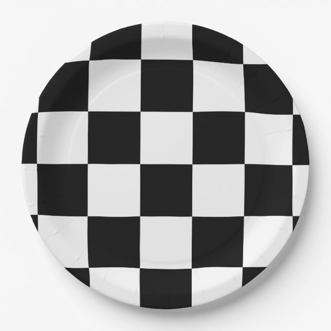Black and White Chequered Paper Plate (Front)