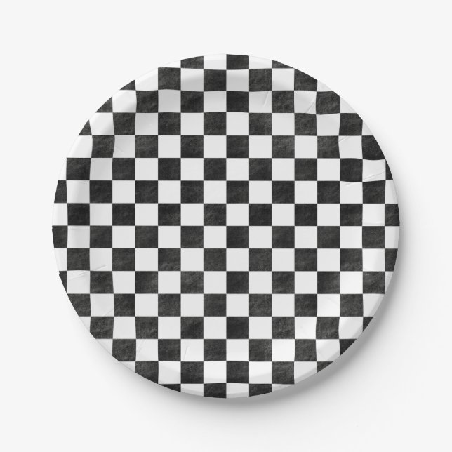Black and White Chequered Paper Plate (Front)