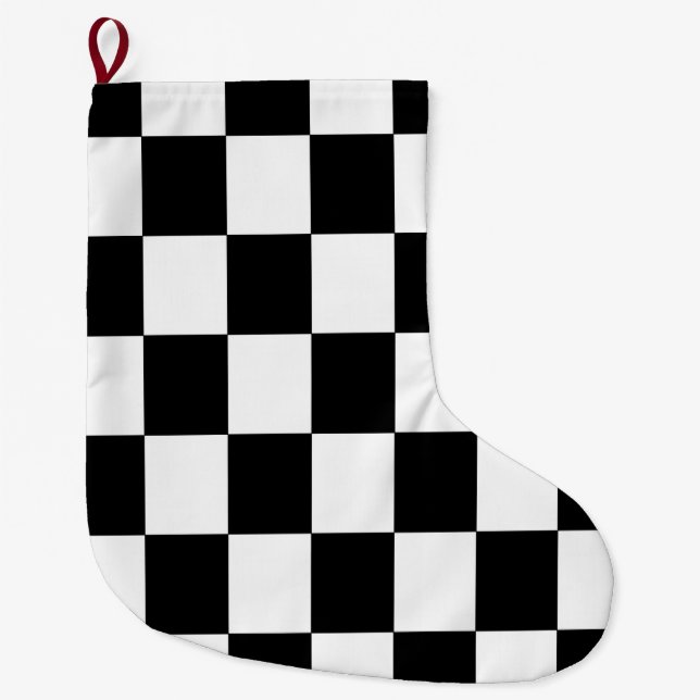 Black and White Chequered Pattern Classic Large Christmas Stocking (Front)
