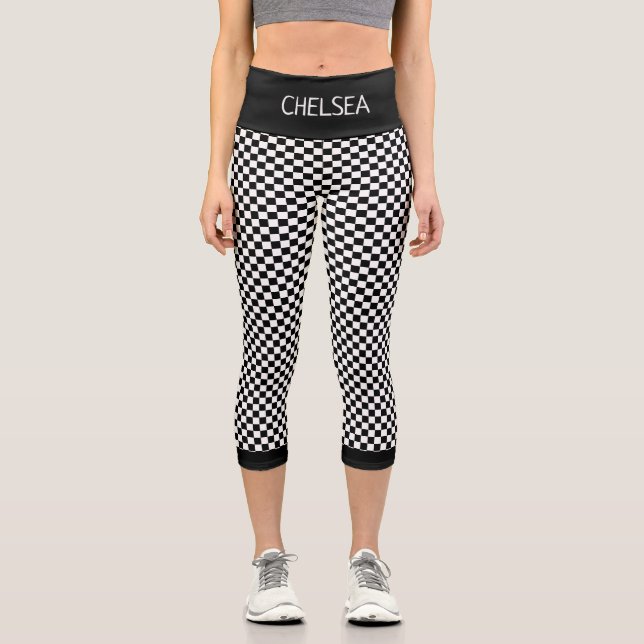 Black and White Chequered Pattern Custom Capri Leggings (Front)