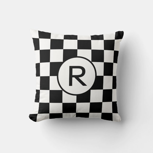 Black and White Chequered Pattern, Custom Monogram Cushion (Front)
