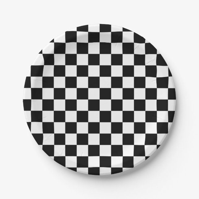 Black and white chequered pattern paper plate (Front)