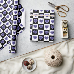 Black and white chequered pattern, purple hearts  wrapping paper