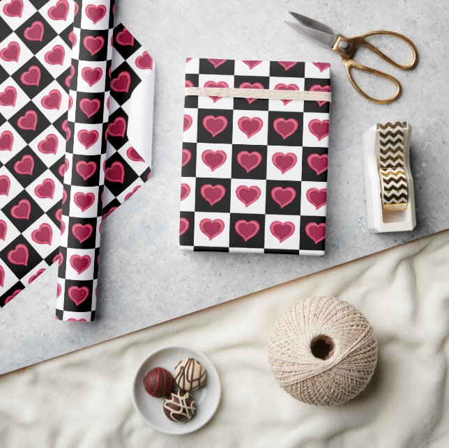 Black and white chequered pattern, red hearts  wrapping paper (Crafts)
