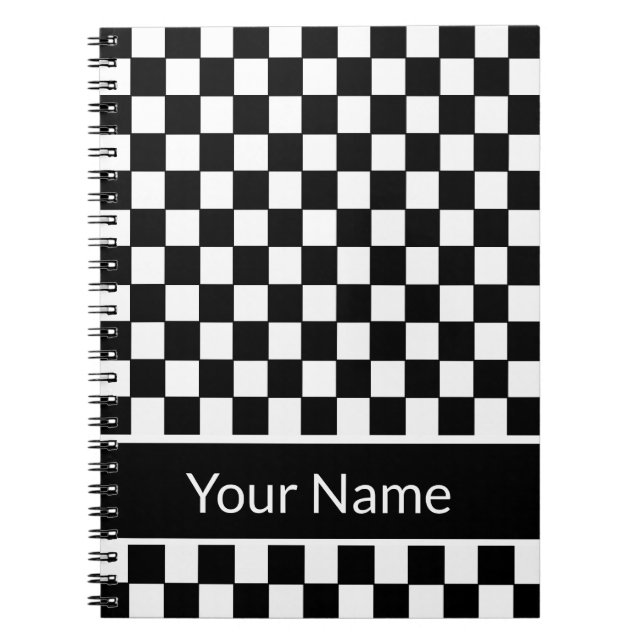 Black and White Chequered Personalised Name Notebook (Front)