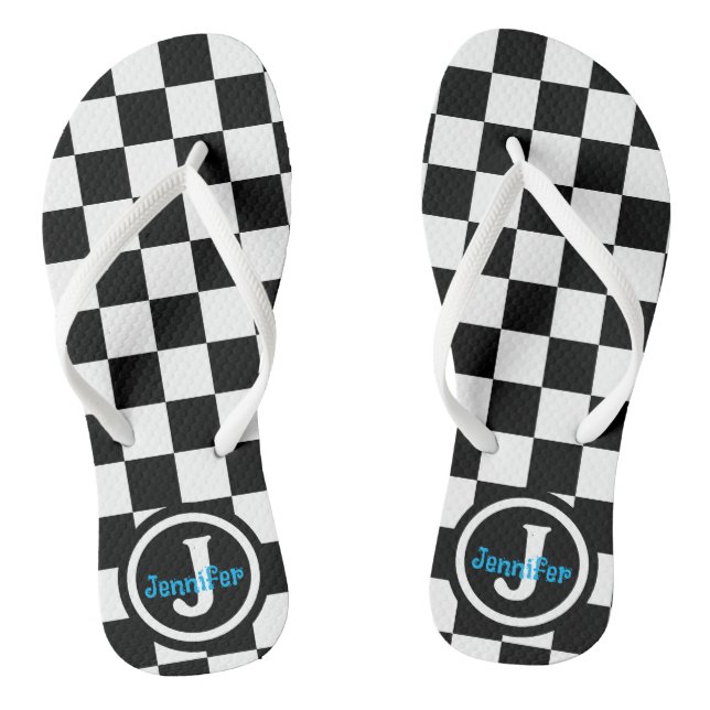 Black and White Chequered Personalised Thongs (Footbed)