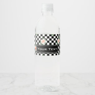 Black and White Chequered & Pink Rose Print Water Bottle Label