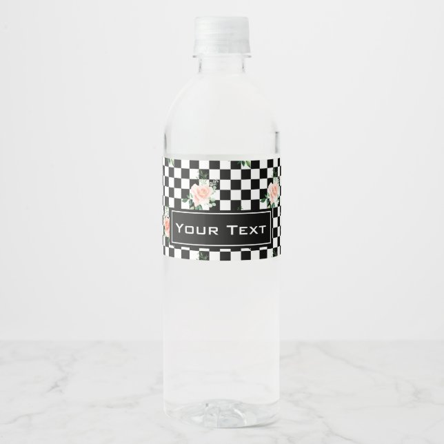 Black and White Chequered & Pink Rose Print Water Bottle Label (Front)