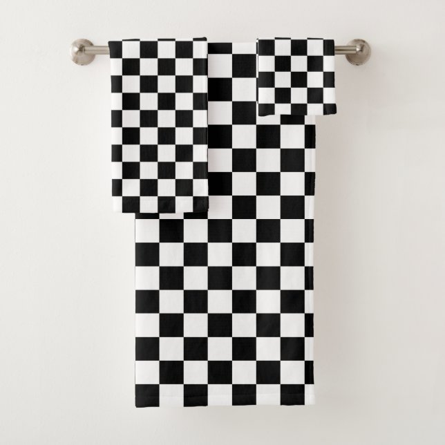 Black and White Chequered Print Bath Towel Set (Insitu)