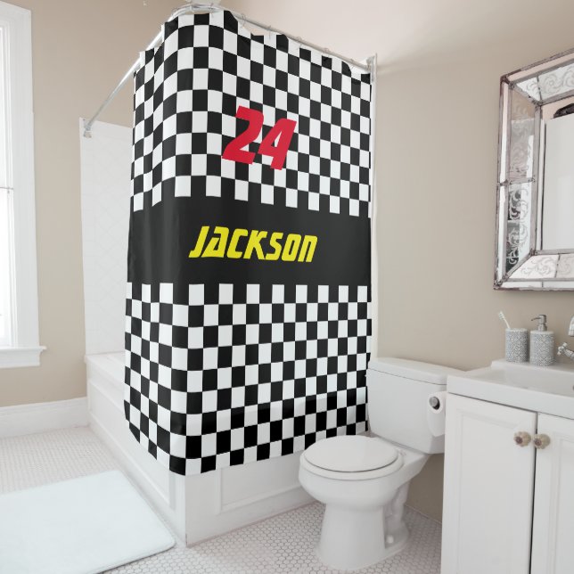 Black and White Chequered Race Fans Shower Curtain (In Situ)