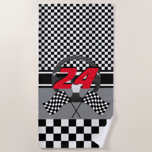 Black and White Chequered Racing 🏎 Design Beach Towel