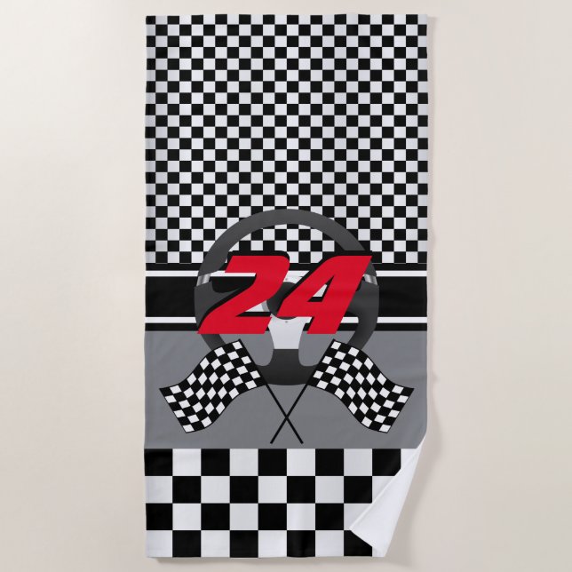 Black and White Chequered Racing 🏎 Design Beach Towel (Front)