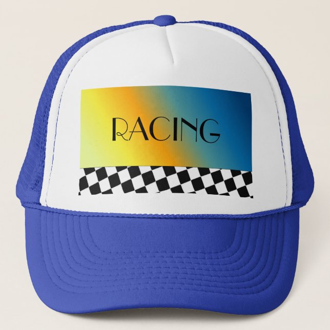 Black and White Chequered Racing Design Trucker Hat (Front)