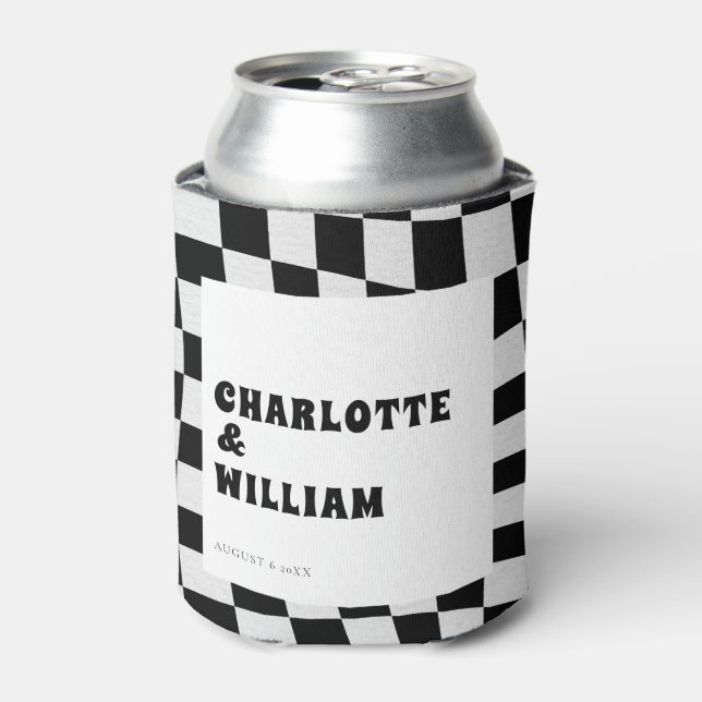 Black and White Chequered Retro Wedding Favours Can Cooler (Can Front)