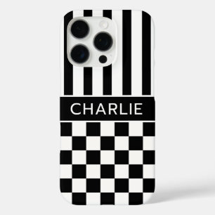 Black and White Chequered Striped Personalised iPhone 16 Pro Case