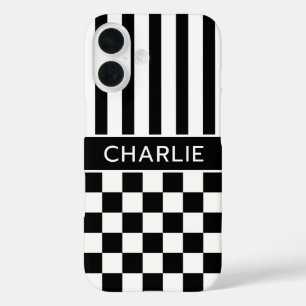 Black and White Chequered Striped Personalised iPhone 16 Case
