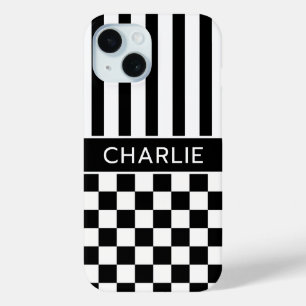 Black and White Chequered Striped Personalised iPhone 15 Case