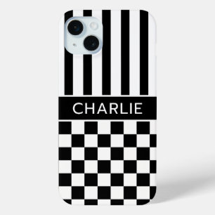 Black and White Chequered Striped Personalised iPhone 15 Mini Case