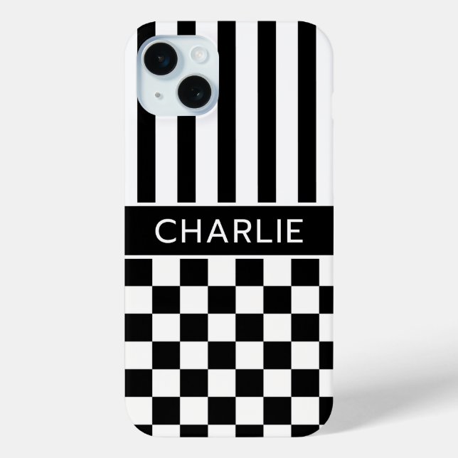 Black and White Chequered Striped Personalised Case-Mate iPhone Case (Back)