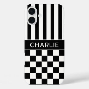 Black and White Chequered Striped Personalised iPhone 16 Plus Case