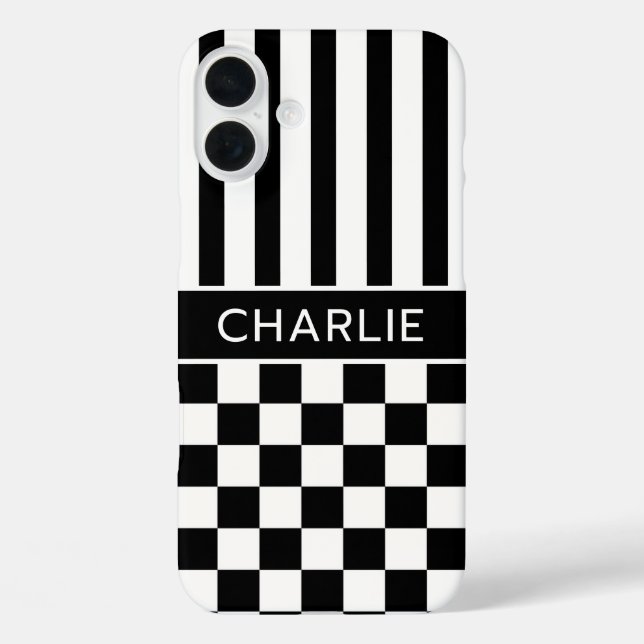 Black and White Chequered Striped Personalised Case-Mate iPhone Case (Back)
