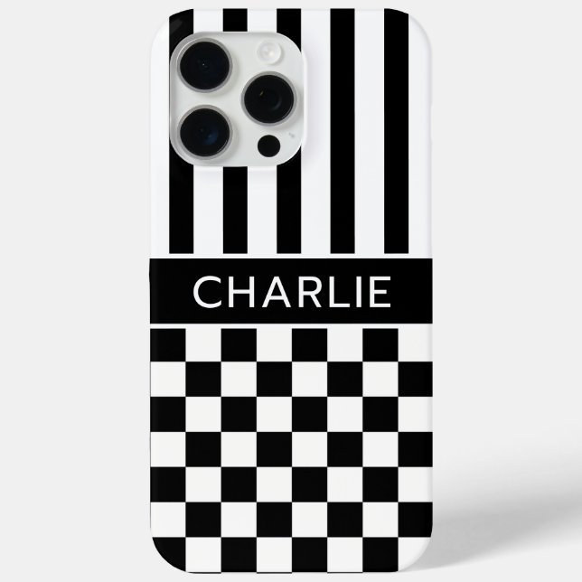 Black and White Chequered Striped Personalised Case-Mate iPhone Case (Back)
