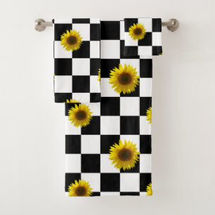 Black and White Chequered & Sunflower Print Bath Towel Set