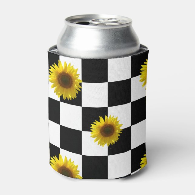 Black and White Chequered & Sunflower Print Can Cooler (Can Front)