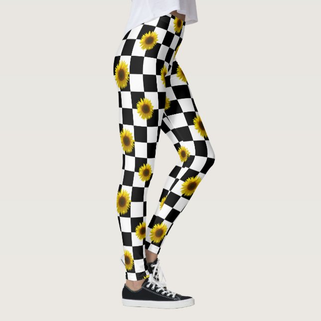 Black and White Chequered & Sunflower Print Leggings (Right)