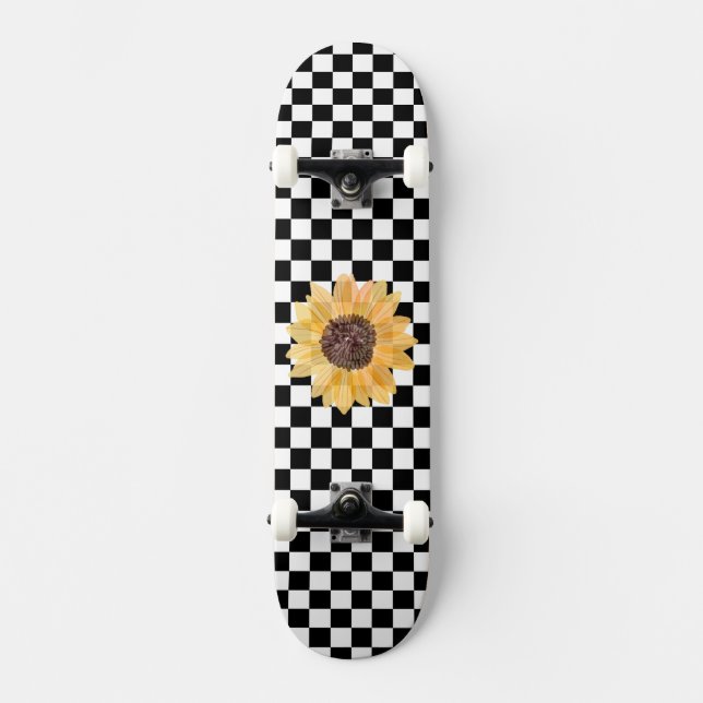 Black and White Chequered & Sunflower Print Skateboard (Front)