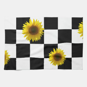 Black and White Chequered & Sunflower Print Tea Towel