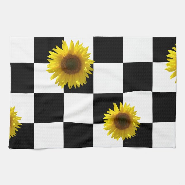 Black and White Chequered & Sunflower Print Tea Towel (Horizontal)