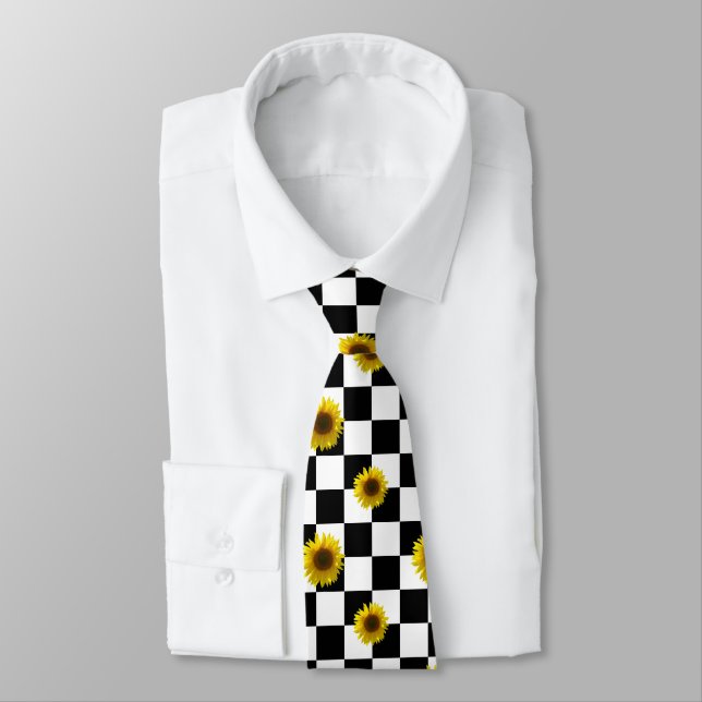 Black and White Chequered & Sunflower Print Tie (Tied)