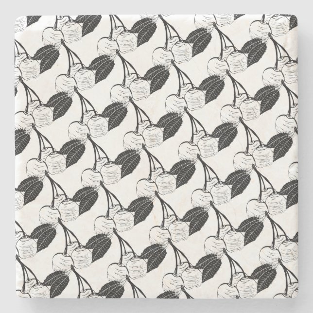 Black and White Cherries Stone Coaster (Front)