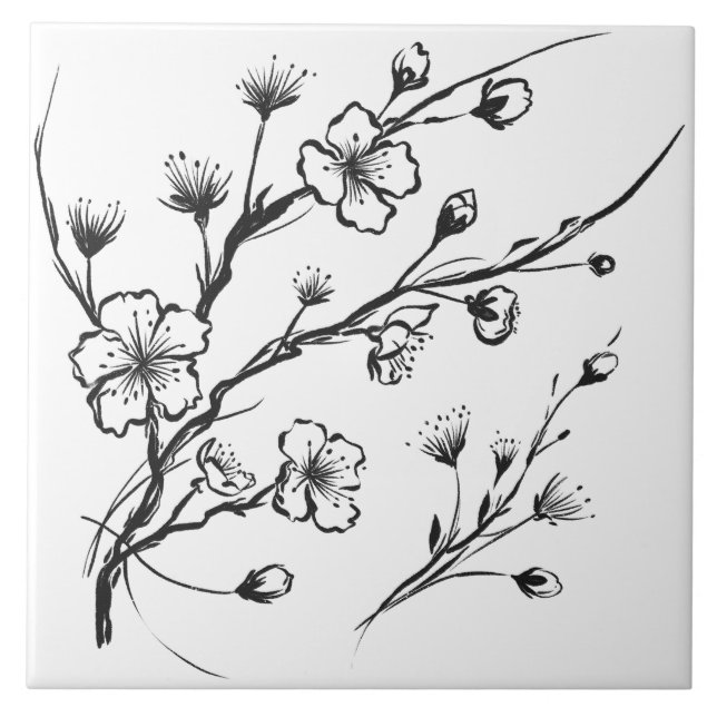 Black and White Cherry Blossom Minimalist Ceramic Tile (Front)