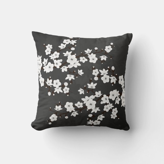 Black And White Cherry Blossoms Black Background Cushion (Front)