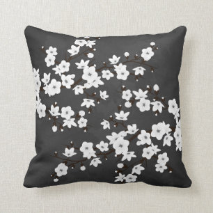 Black And White Cherry Blossoms Black Background Cushion