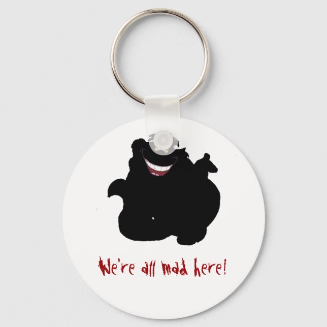 Black and White Cheshire Cat Mad Keychain (Front)